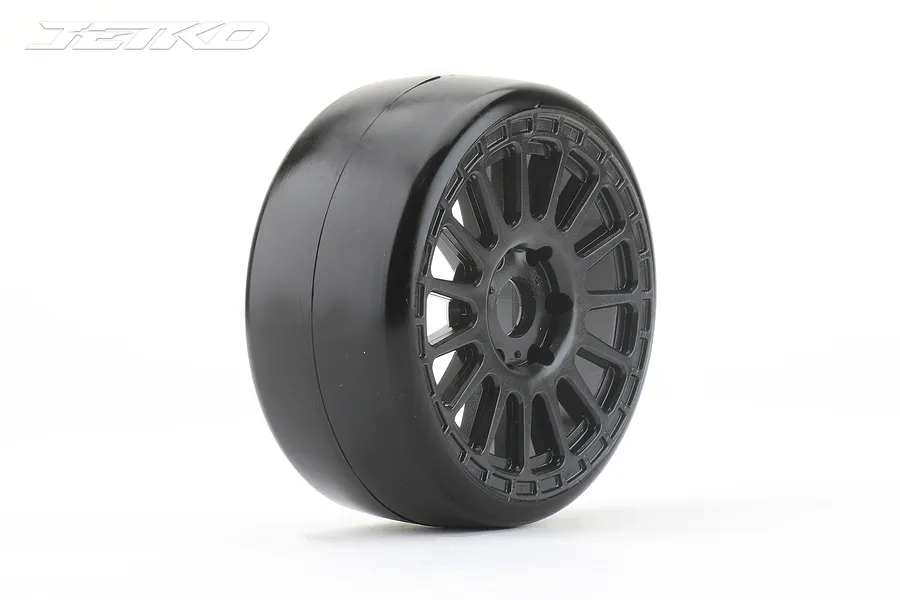 A single Jetko 1/8 scale GT Buster slick tyre mounted on a black multi-spoke radial rim against a white background.