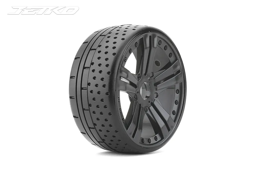 A single Jetko 1/8 scale GT Hot Dot tyre mounted on a black multi-spoke Claw rim against a white background.