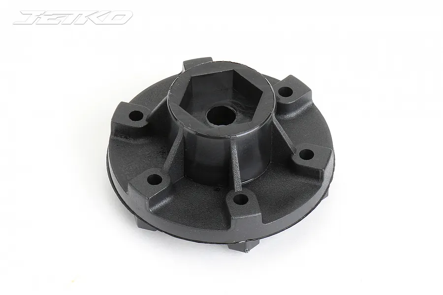 A single black plastic RC wheel hex adapter with a 14mm hexagonal center and mounting holes, shown against a white background.