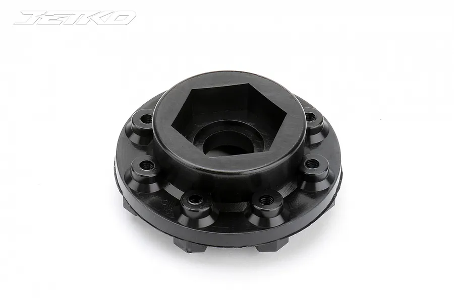 A black Jetko 24mm wheel connector for Traxxas X-Maxx RC cars, shown from a top-down angle against a white background.