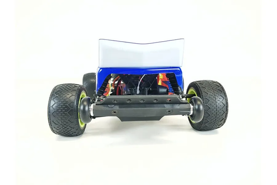 Rear view of a Losi Mini-T 2.0 RC car showing the installed T-Bone Racing black wheelie bar attached to the rear chassis.