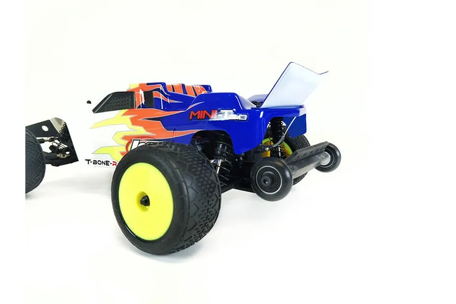 A T-Bone Racing wheelie bar installed on the rear of a Losi Mini-T 2.0 RC truck against a white background.
