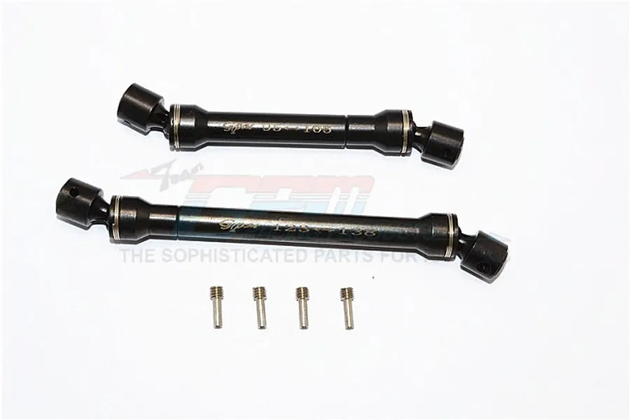Two black steel GPM universal CVD drive shafts with four small grub screws on a white background.