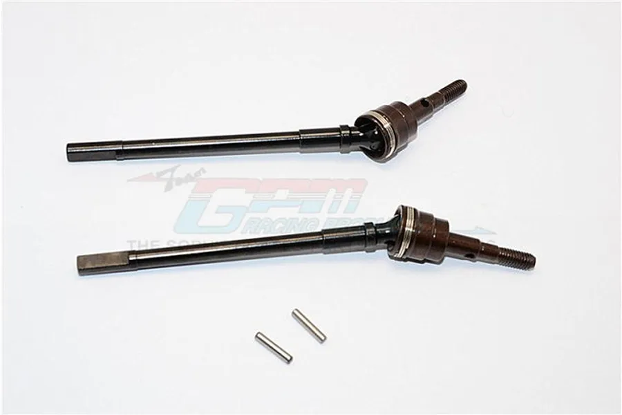 Two black hardened steel CVD drive shafts with spring steel cup joints and two small metal pins on a white background.