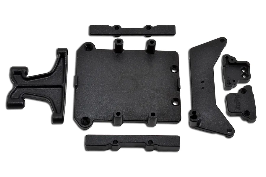A set of black plastic RPM RC ESC cage components for the 1/5 X-Maxx, laid out on a white background.