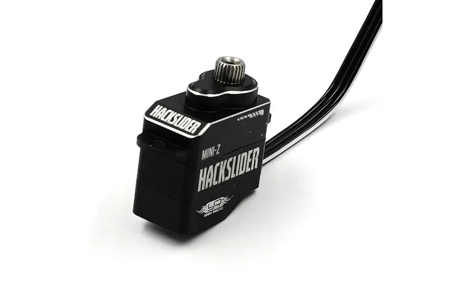Yeah Racing Hackslider black aluminium metal gear servo for Mini-Z RC cars against a white background.