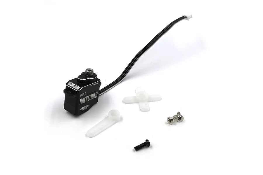 Yeah Racing Hackslider metal gear servo for Mini-Z RC cars, including white plastic servo horns and mounting screws on a white background.