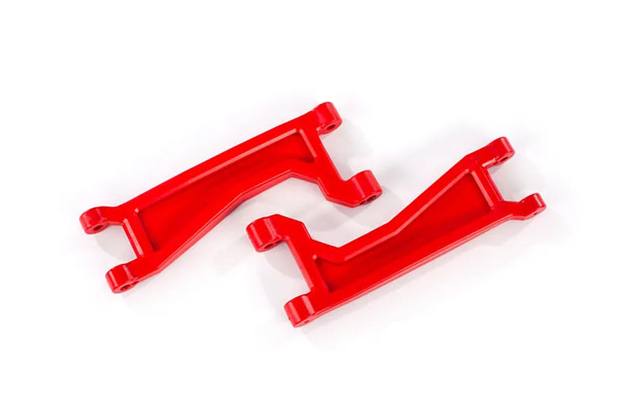 Two bright red Traxxas 1/10 Maxx wide upper suspension arms isolated on a white background.