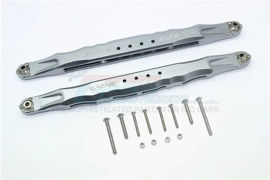 Two grey aluminium rear lower trailing arms for an RC car, with included screws and nuts, displayed on a white background.