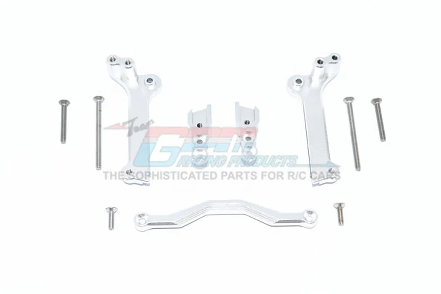 GPM Racing silver aluminium RC car parts including two upright shock tower braces, a horizontal cross brace, and several metal screws on a white background.