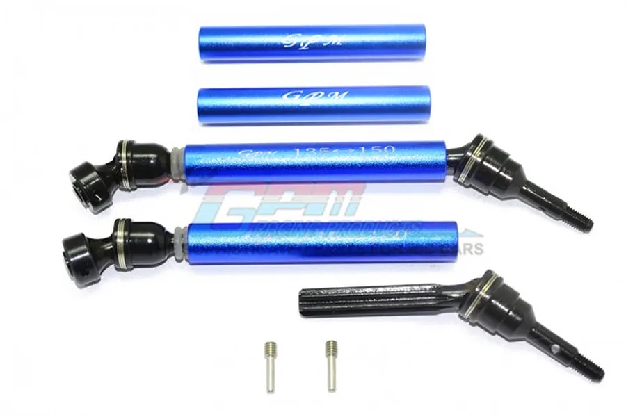 GPM Racing blue and black steel and aluminium universal swing shaft set for RC cars, including shafts, sleeves, and small pins.