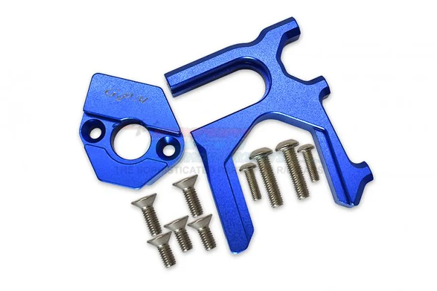 GPM Racing blue anodised aluminium motor mount and chassis brace components with included screws on a white background.