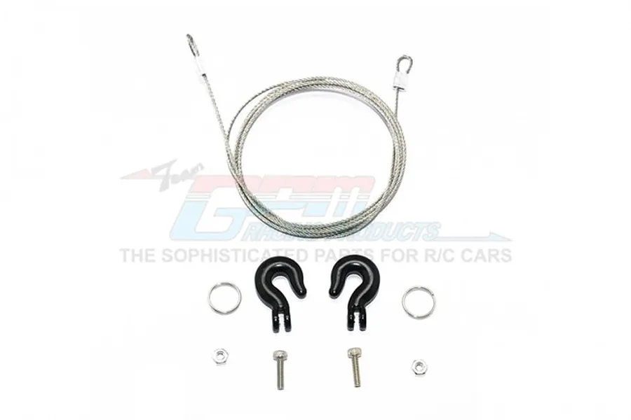 GPM Racing black aluminium towing hooks with a steel wire cable and mounting hardware on a white background.