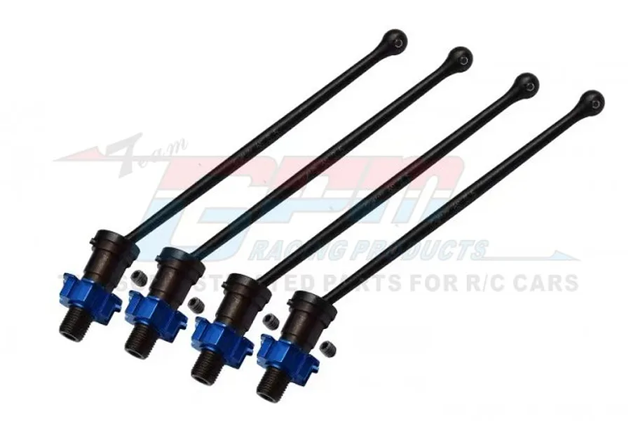 Four black hardened steel CVD drive shafts with blue aluminium wheel hexes and small grub screws, arranged diagonally on a white background.