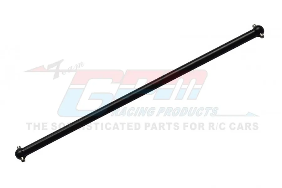 A black aluminium centre drive shaft for an RC car, shown diagonally against a white background with a faint GPM Racing logo watermark.