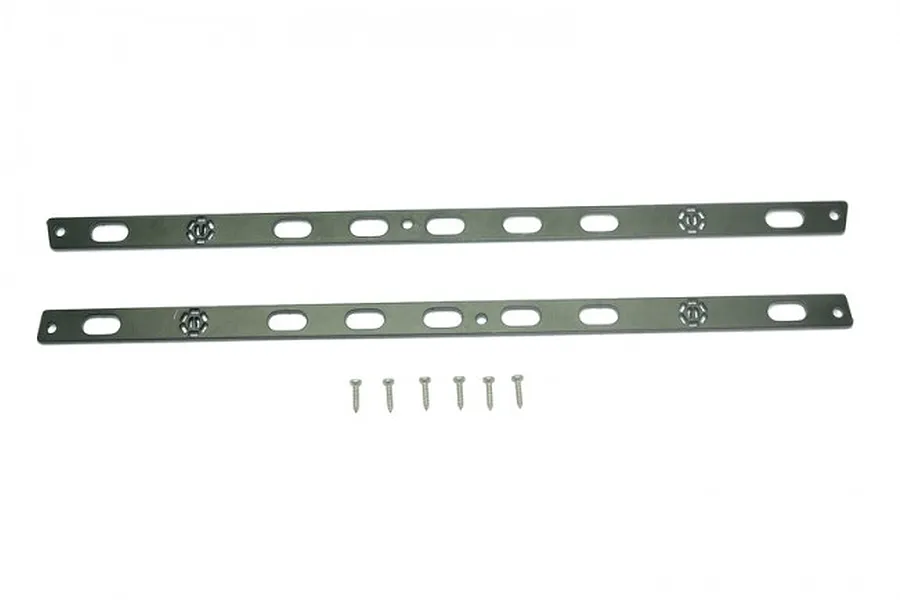 Two black metal door edge strips with mounting holes and six small silver screws on a white background.