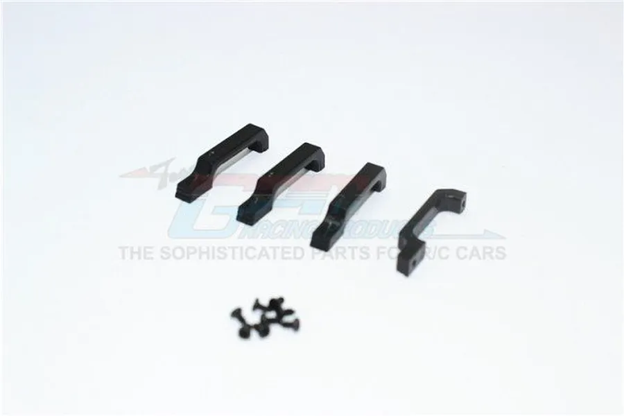 Four black RC car door handles and a small pile of black screws on a white background with a faint GPM Racing logo.