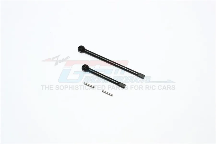 Two black hardened steel CVD drive shafts and two small metal pins for RC cars on a white background.