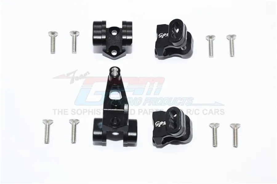 GPM Racing black aluminium suspension link axle mounts for RC cars, including mounting screws, arranged on a white background.