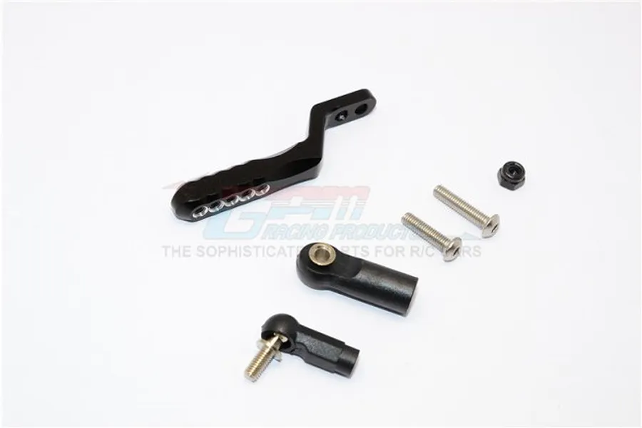 GPM Racing black aluminium rear drop hitch component set with mounting hardware and rod ends on a white background.