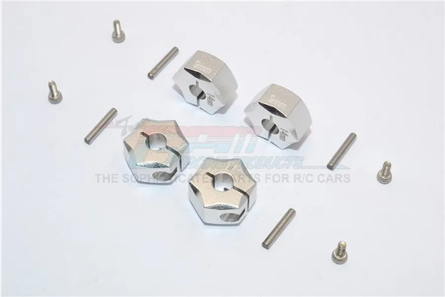 Four silver aluminium wheel hex adapters with matching pins and screws on a white background.