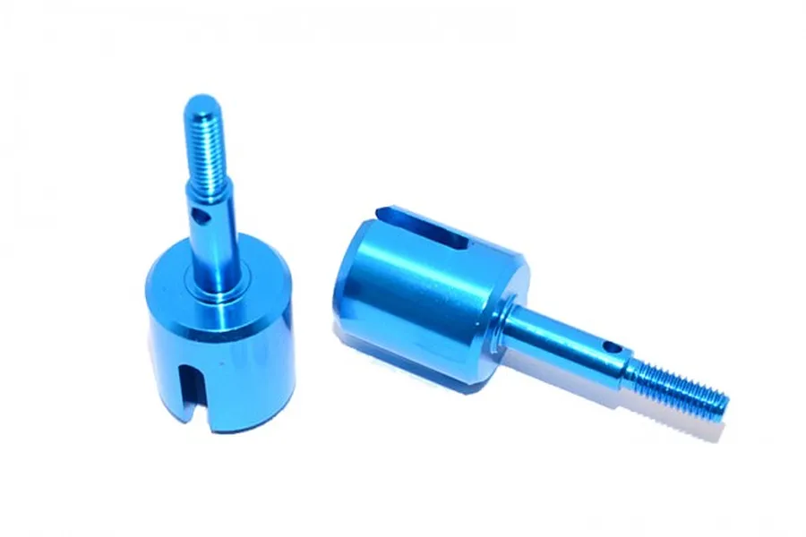 Two bright blue anodized aluminium wheel axles for RC cars, shown against a plain white background.