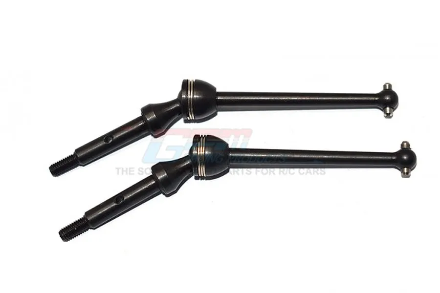 Two black hardened steel CVD drive shafts for RC cars, shown against a white background with a faint GPM Racing logo watermark.