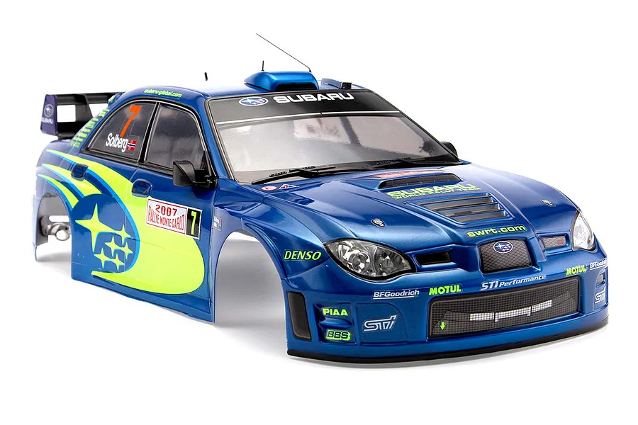 Killerbody 1/10 scale 2007 Subaru Impreza WRC painted RC car body shell in iconic blue with yellow rally graphics.
