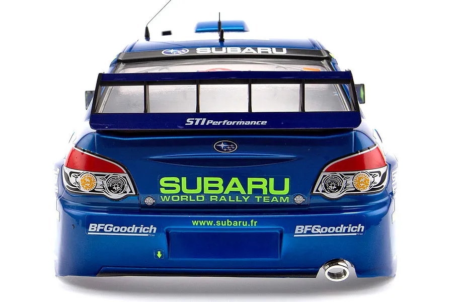 Rear view of a blue Killerbody 1/10 scale 2007 Subaru Impreza WRC painted RC body shell with rally decals.