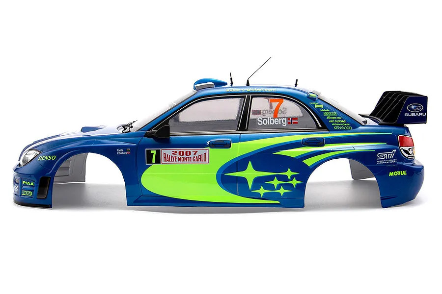 Side view of a pre-painted 1/10 scale Subaru Impreza WRC 2007 RC car body shell in blue with rally livery decals.