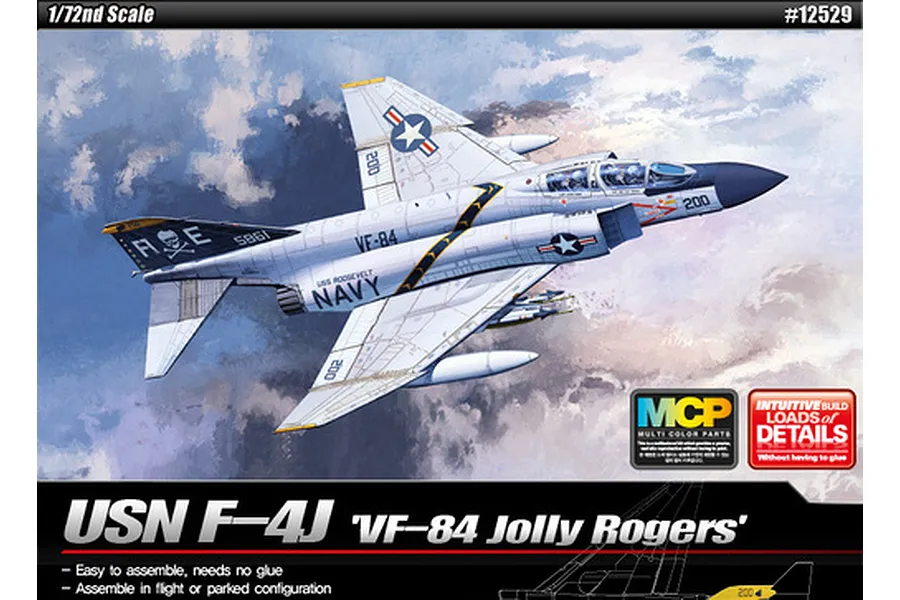 Box art for the Academy 1/72 scale USN F-4J VF-84 Jolly Rogers plastic model kit, featuring an illustration of the fighter jet in flight.