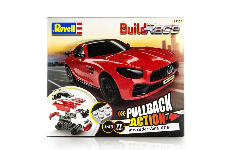 Revell Build 'n Race Mercedes-AMG GT R model kit packaging showing a red sports car and assembly components.