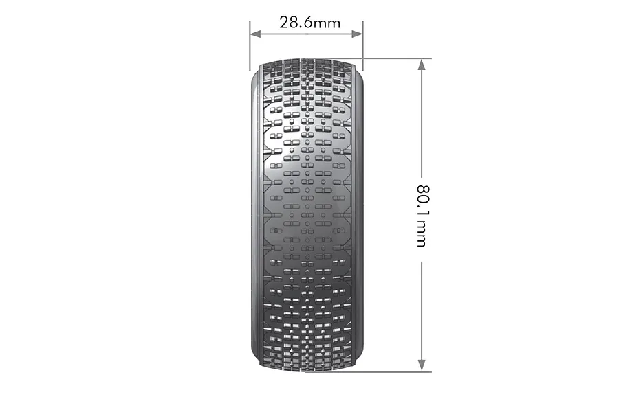 Technical diagram showing the side profile of an RC buggy tyre with dimensions 28.6mm width and 80.1mm diameter.