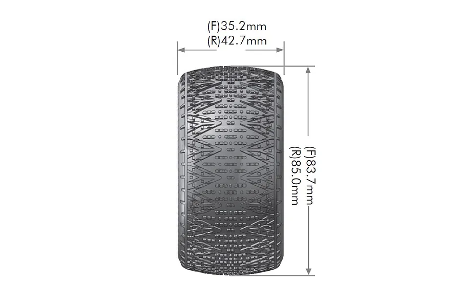 A technical diagram showing the dimensions of an RC buggy tyre with a complex tread pattern, viewed from the top-down profile.
