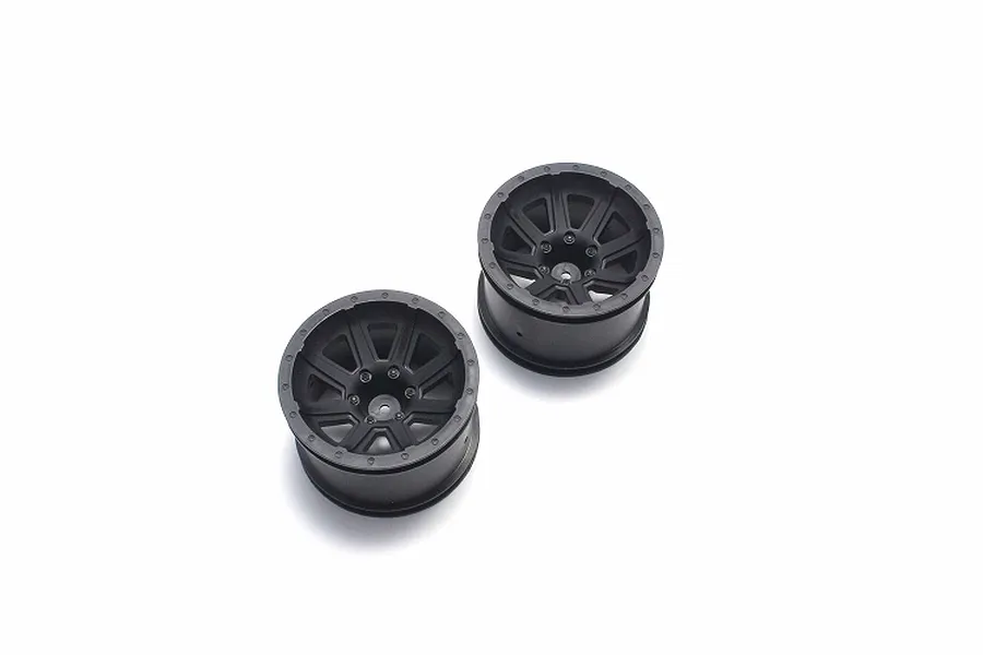 Two black 8-spoke RC car rims shown from a high angle against a plain white background.