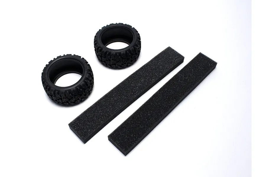 Two black Kyosho Neo Bloc RC tyres and two rectangular black foam inserts arranged on a white background.