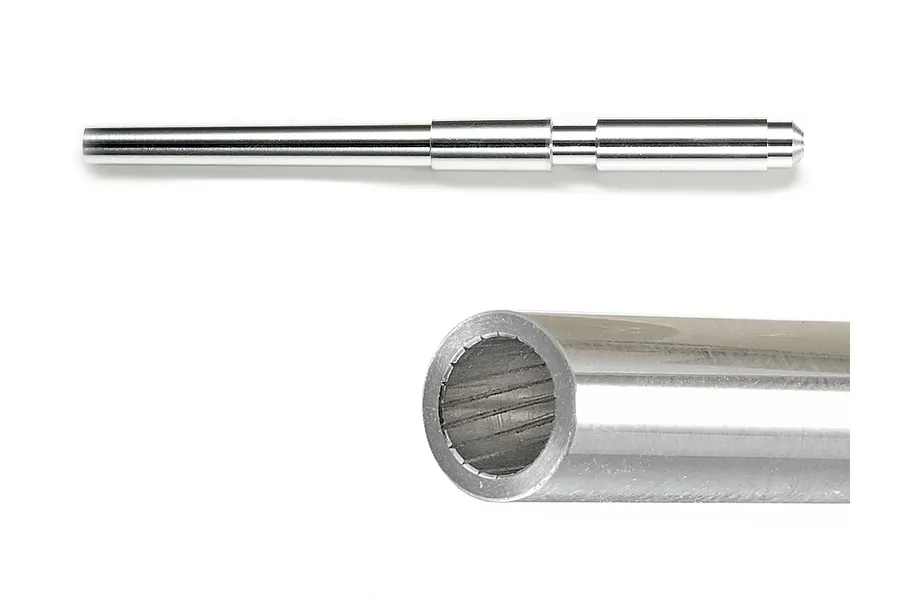 A Tamiya 1/35 scale metal gun barrel for a German Hummel model, shown from the side and a close-up of the rifled muzzle.