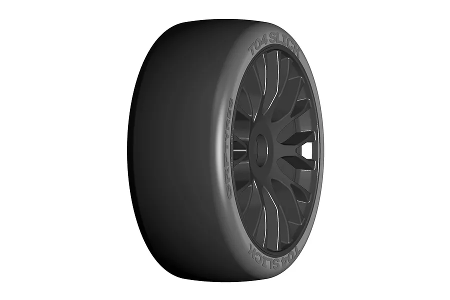 A single GRP 1/8 scale GT-T04 slick RC car tyre mounted on a black 20-spoke wheel against a white background.