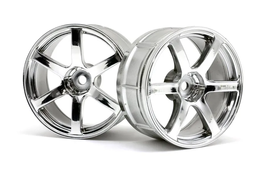Two chrome-finished six-spoke RC car rims positioned side-by-side against a white background.