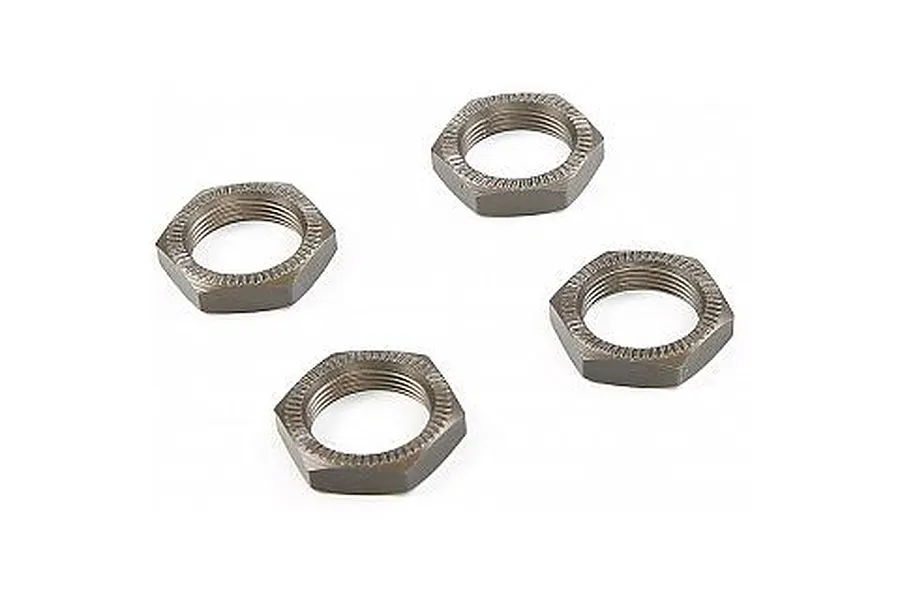 Four gunmetal grey serrated aluminium wheel nuts arranged on a white background.
