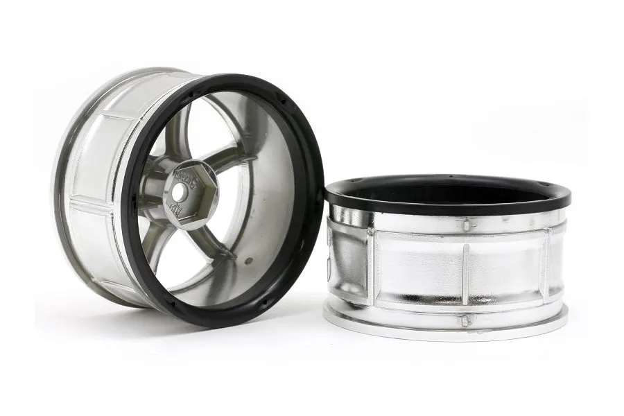 Two chrome-finished RC car rims with a six-spoke design and black outer edges, shown against a white background.