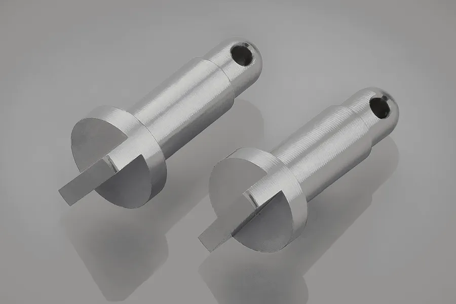 Two silver-coloured metal Rovan main gear cover mounting posts with a cylindrical body and a slotted base.