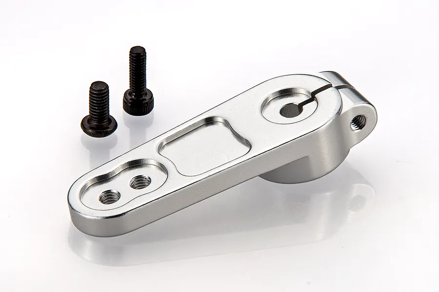 A silver aluminium Rovan 17T servo horn with two black metal screws on a white background.