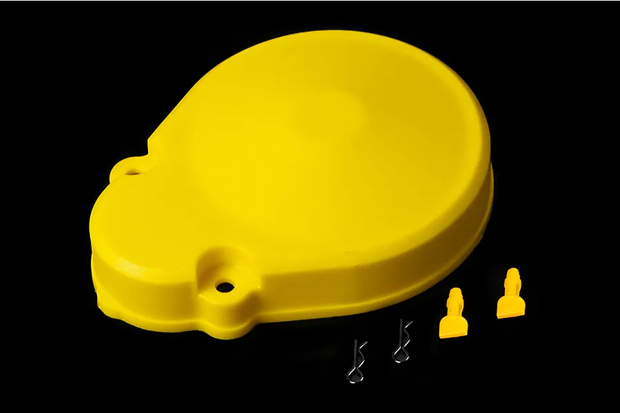 A bright yellow Rovan RC gear cover shown with two yellow mounting posts and two metal R-clips on a black background.