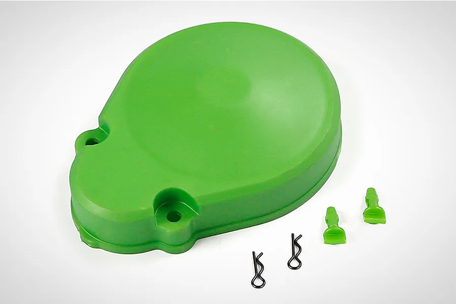 A bright green Rovan RC gear cover with two green plastic mounting posts and two black metal R-clips on a white background.