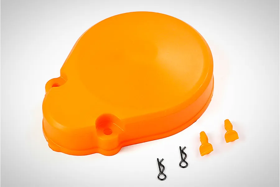 An orange Rovan RC gear cover with two orange mounting posts and two black metal R-clips on a white background.