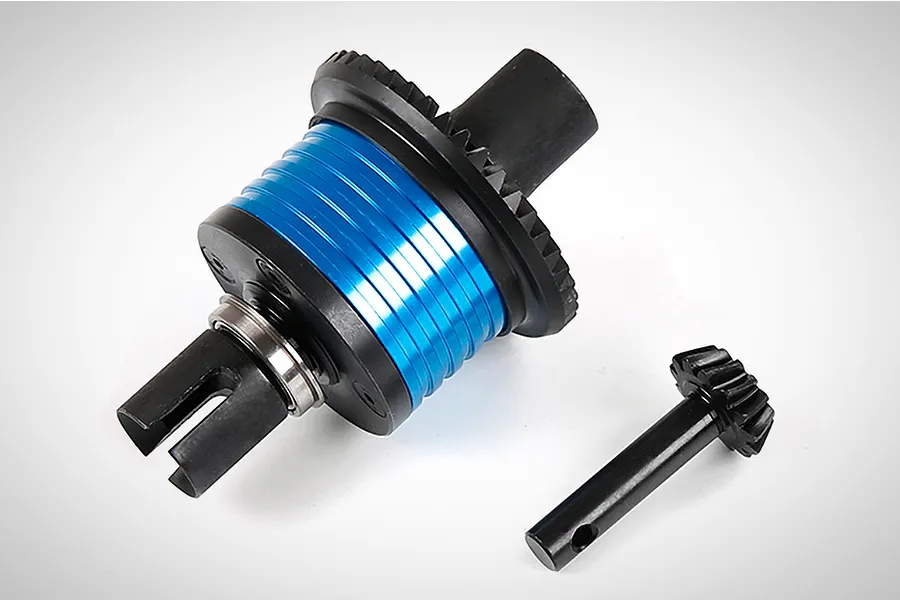 Rovan blue aluminium rear helical cut differential assembly with a separate black pinion gear on a white background.