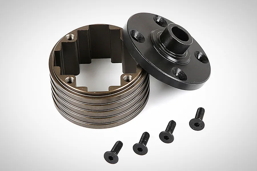 Rovan gun metal aluminium differential housing components including the main casing, cap, and four mounting screws on a white background.