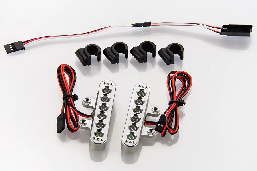 Rovan 5IVE-T silver LED rear brake light kit with wiring, connectors, and four black plastic mounting clips on a white background.