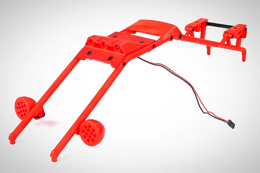 A red plastic roll bar set for an RC car, featuring integrated LED light mounts and wiring with a connector, isolated on a white background.